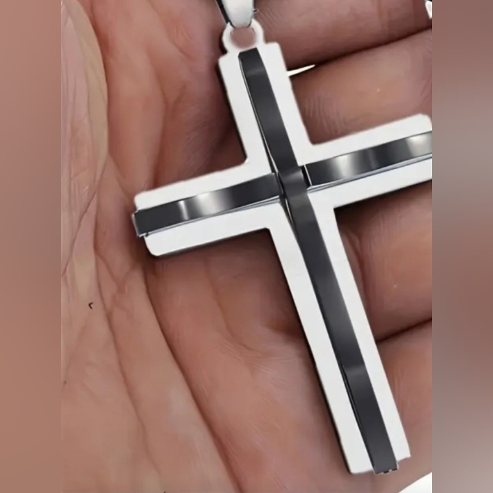 Stainless Steel Cross Pendant with Black Accents New